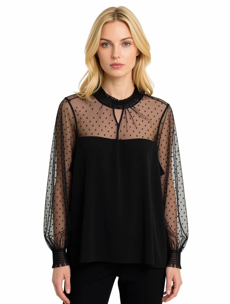 Black Polka Dot Sheer Sleeve Blouse