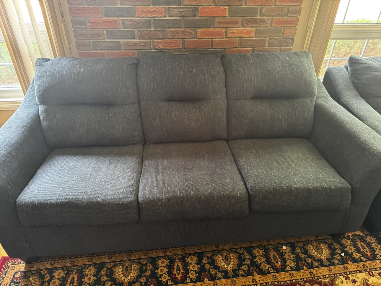 Dark Grey Fabric Sofa and Matching Armchair