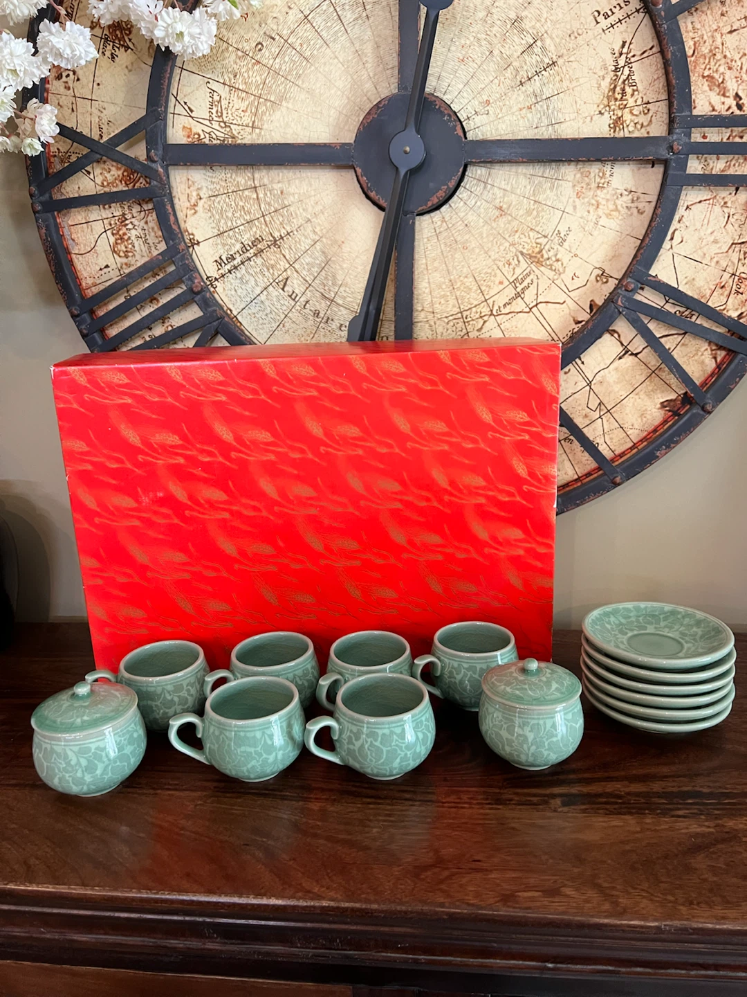 Celadon Tea Set with 6 Cups and Saucers