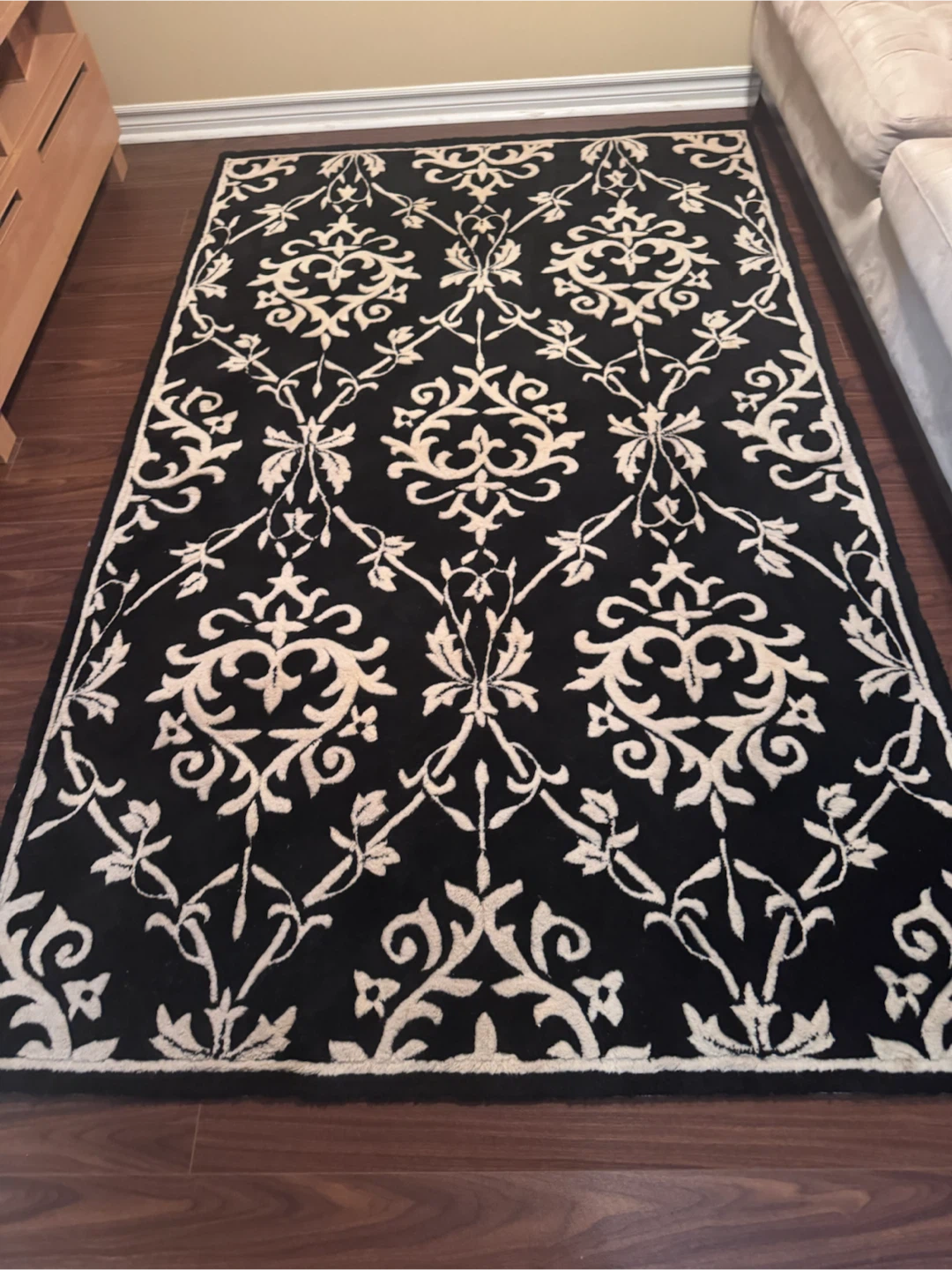 Black and white damask area rug