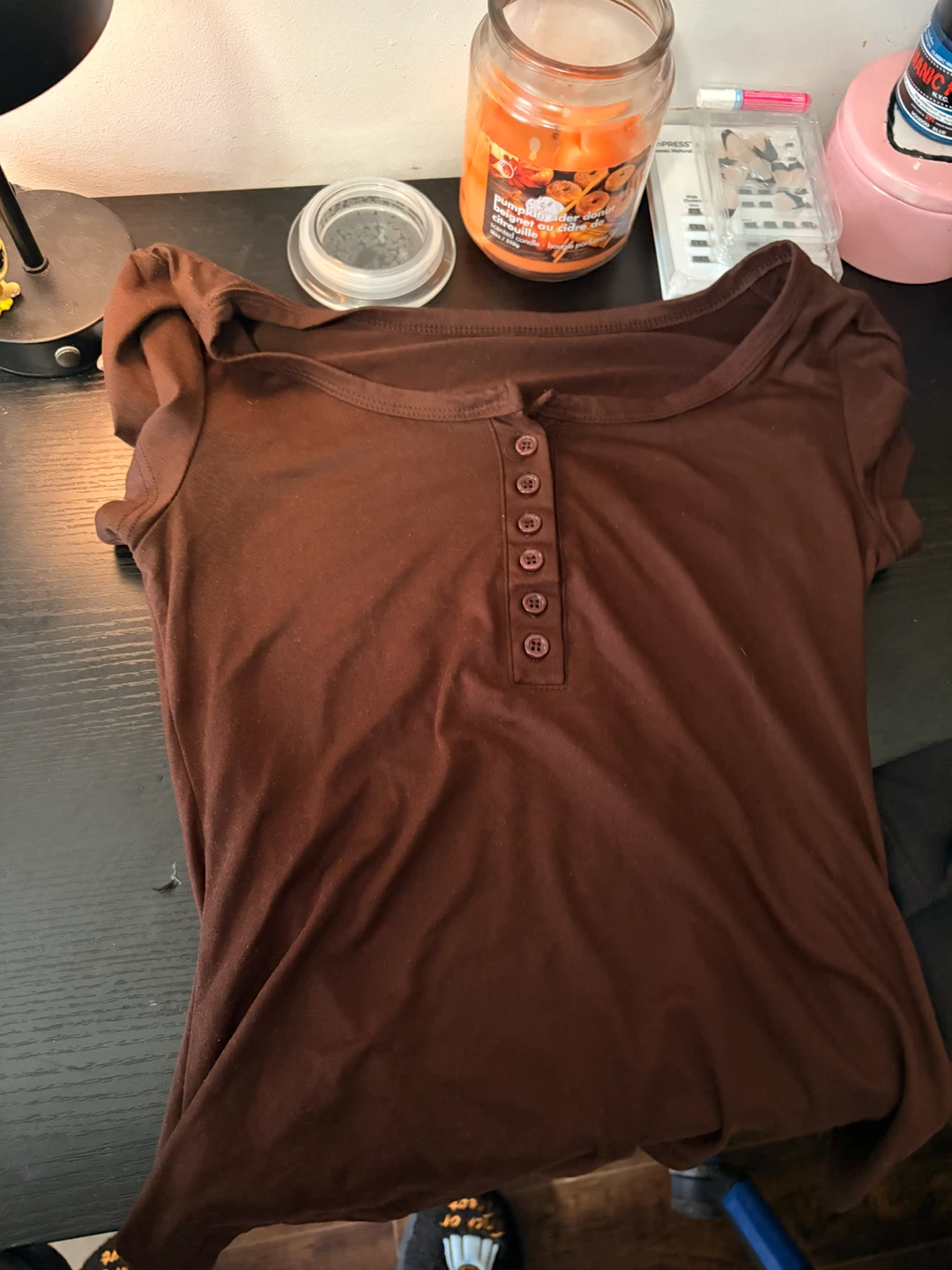 Brown Button-Up Short Sleeve Top