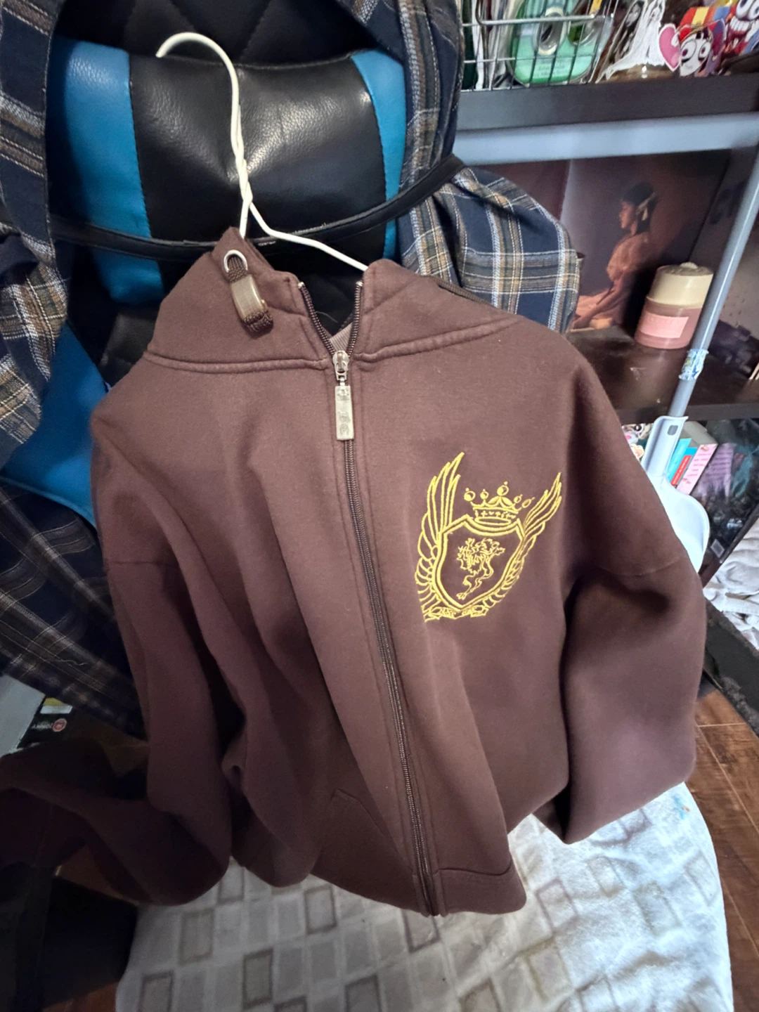 Brown Zip-Up Hoodie with Emblem