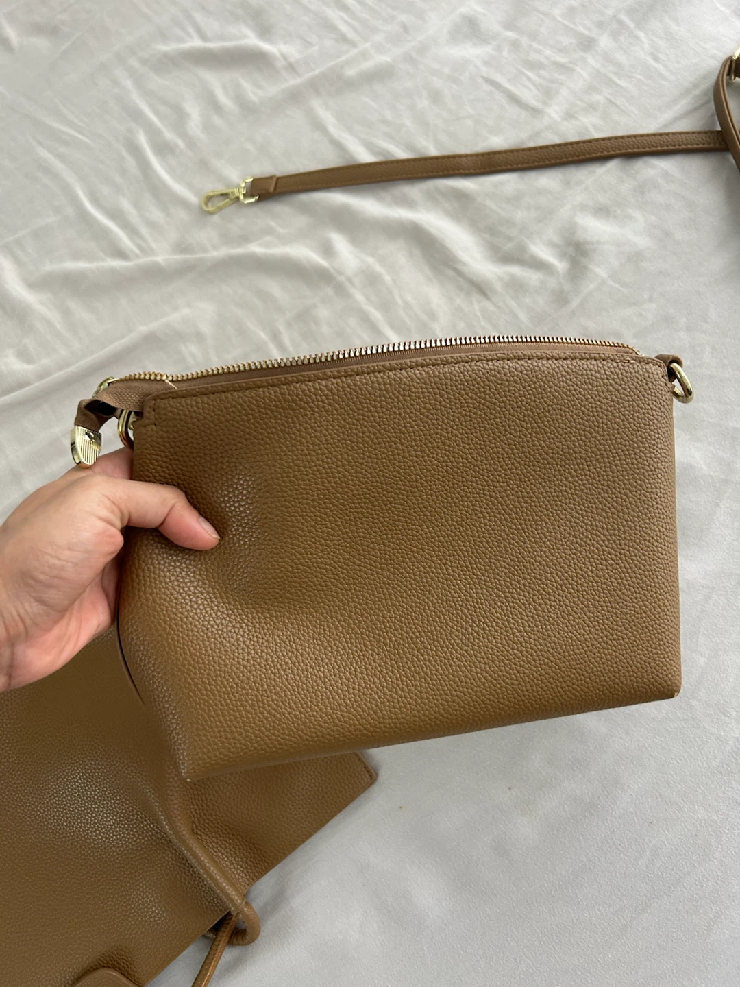 Brown Real Soft Sheep Leather Tote Bag with Pouch - photo 3