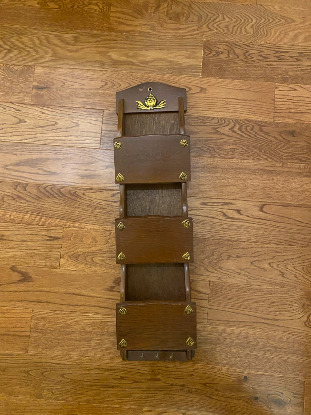 Vintage Wooden Wall Mail Organizer with Key Hooks