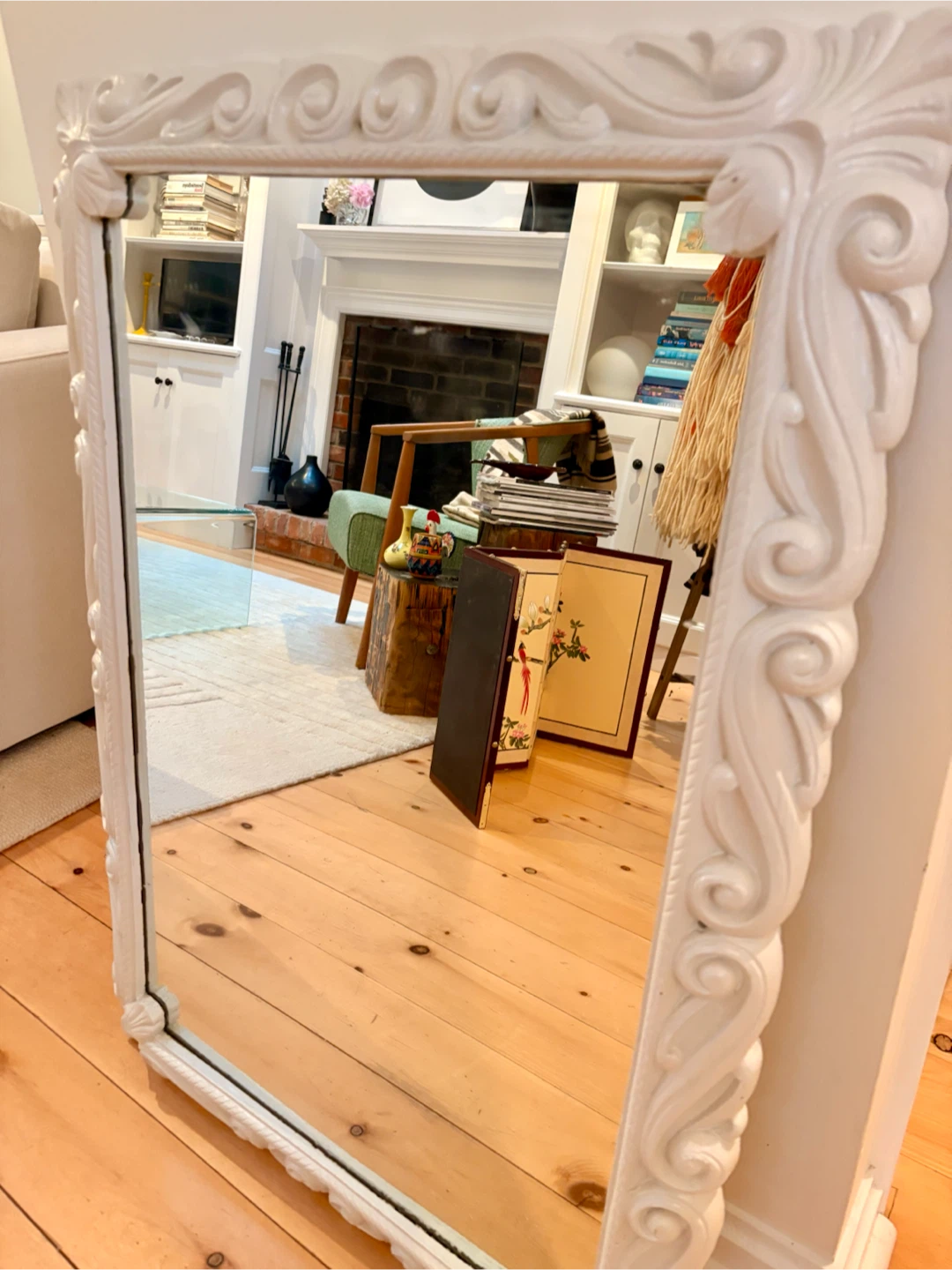 Vintage White Ornate wood Wall Mirror
