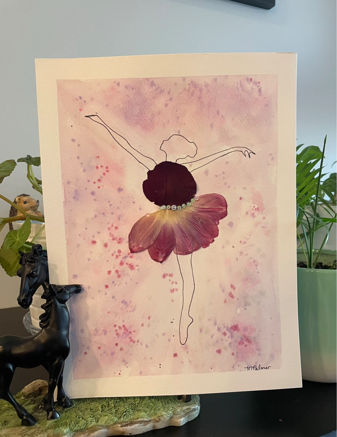 Watercolor Ballerina with Pressed Flower painting