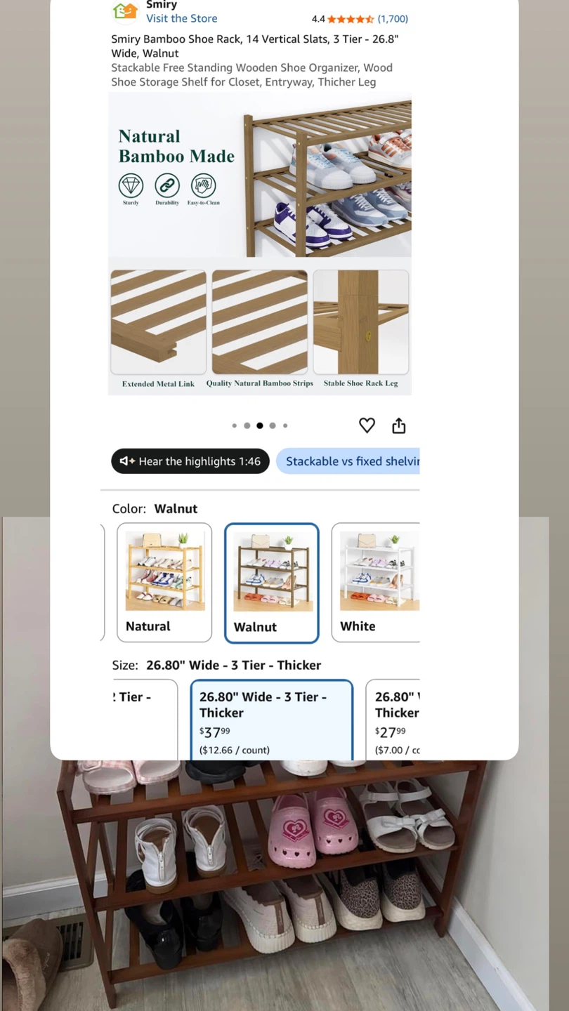 Smiry 26.80" Wide 3 Tier Bamboo Shoe Rack - Walnut - photo 4