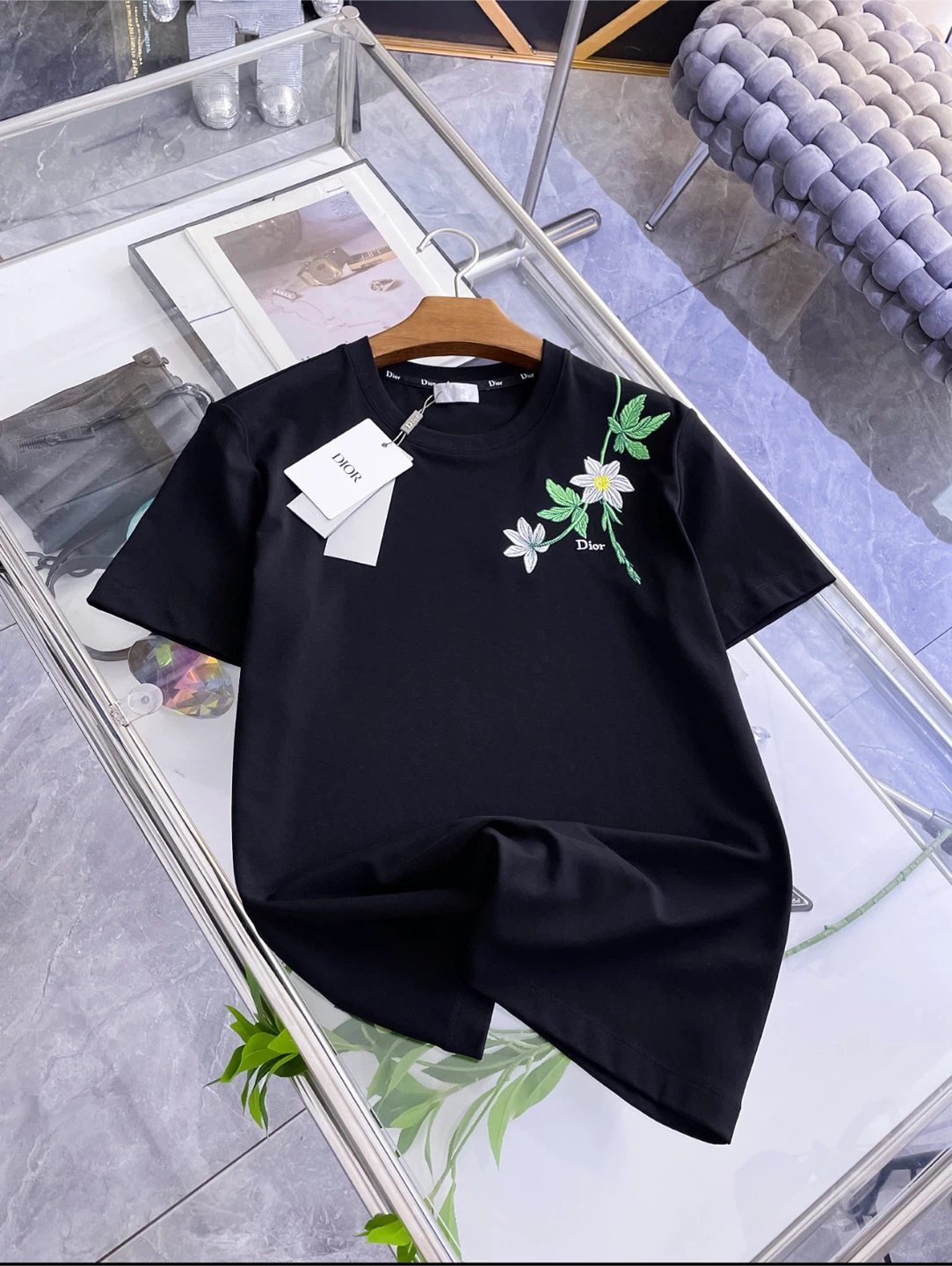 Dior Black Embroidered Flower T-Shirt - Size L