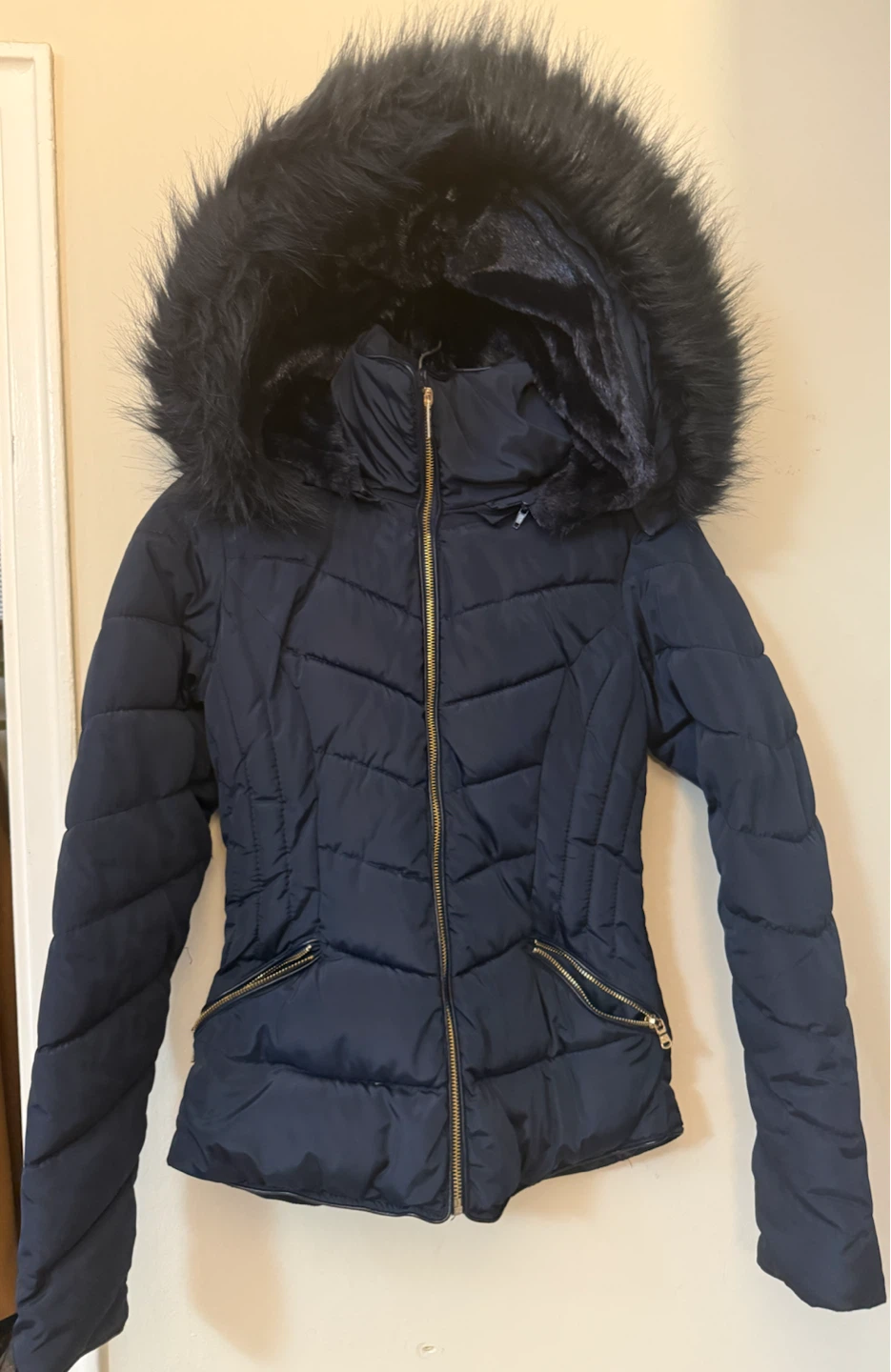 Navy Puffer Winter Coat with Faux Fur Hood