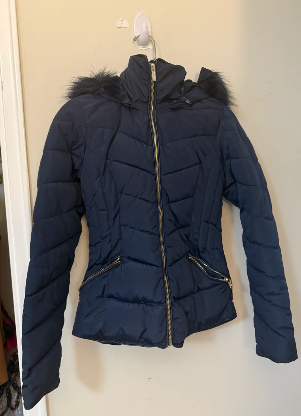 Navy Puffer Winter Coat with Faux Fur Hood - photo 2