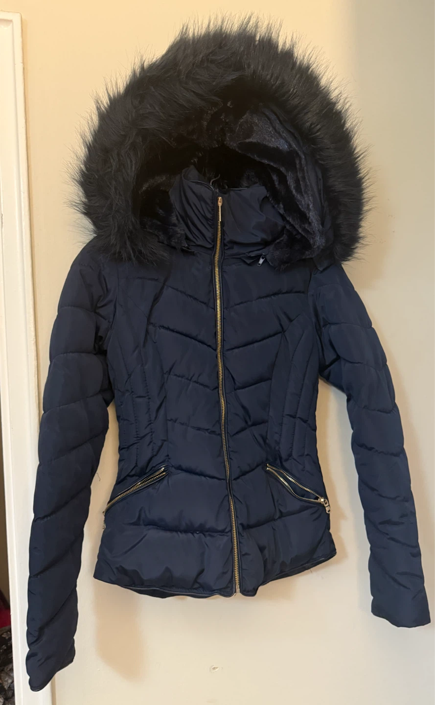 Navy Puffer Winter Coat with Faux Fur Hood - photo 3