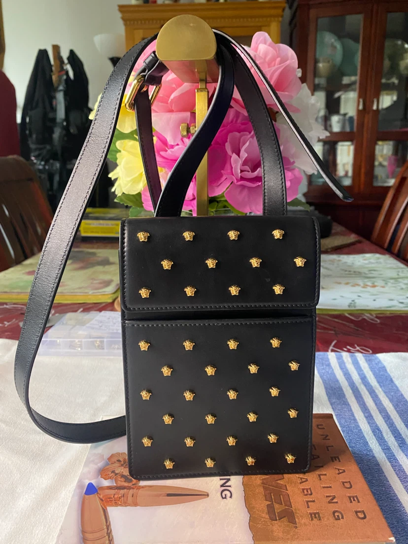 Versace Black Leather Medusa Studs Phone Pouch Bag