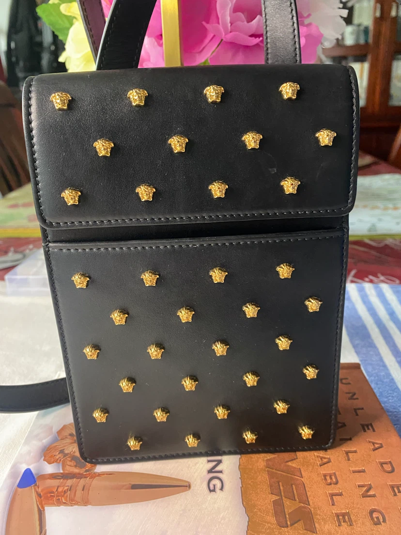 Versace Black Leather Medusa Studs Phone Pouch Bag - photo 2
