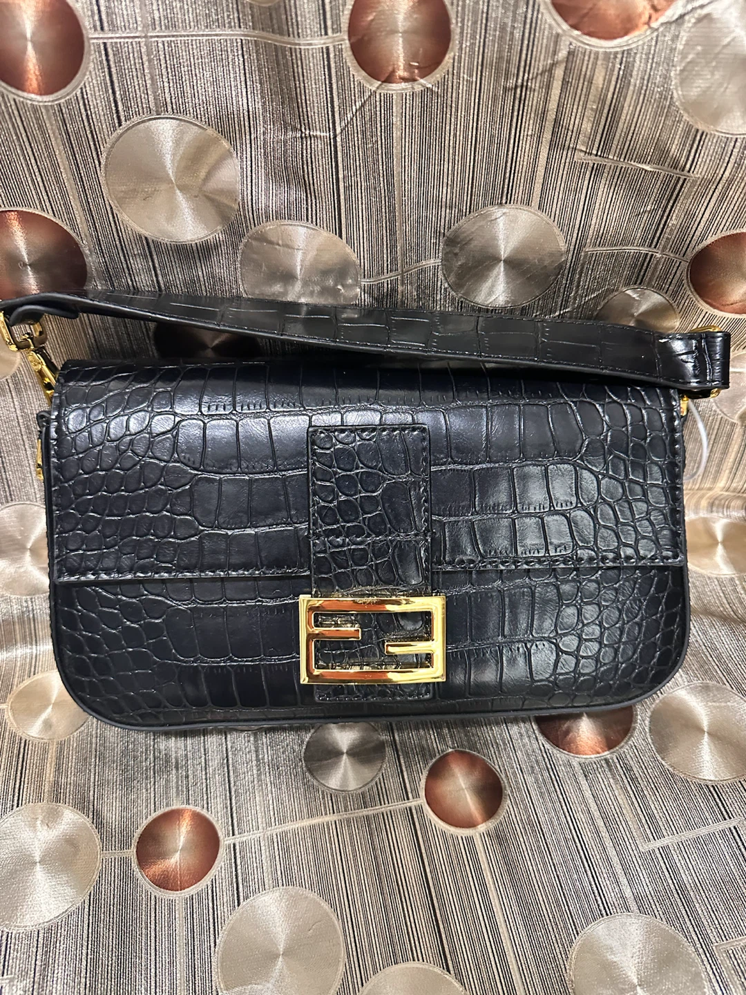 Crocodile Embossed Shoulder Bag with Gold Clasp