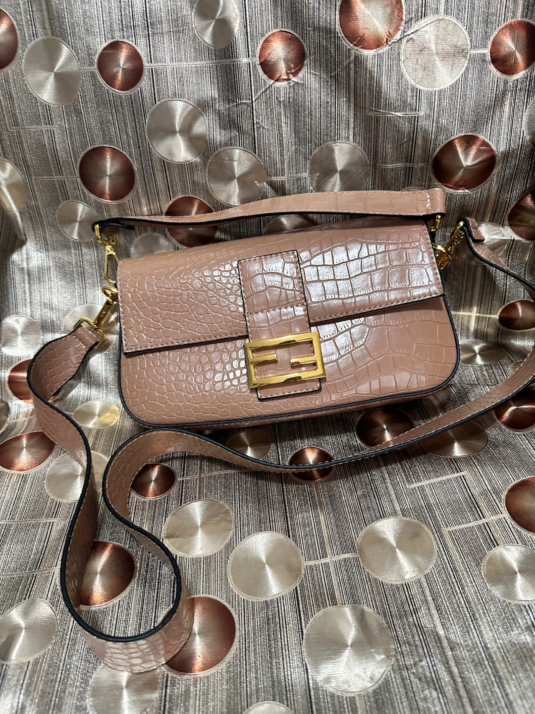 Crocodile Embossed Shoulder Bag with Gold Clasp - photo 4