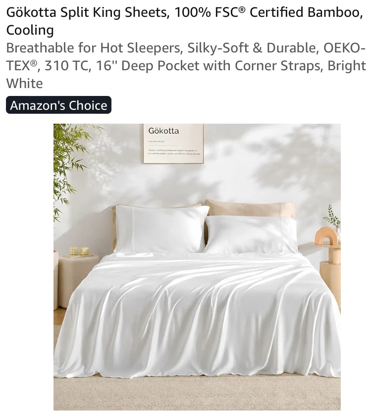 New Gökotta Split King Sheets, 100% Bamboo, Cooling Sheet Set