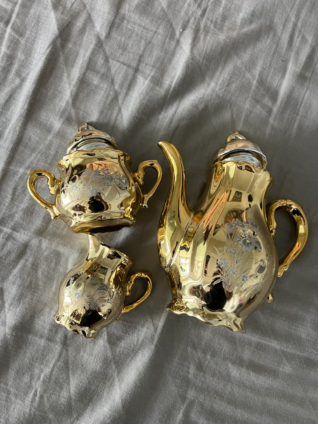 Gold Teapot Set with Creamer and Sugar Bowl