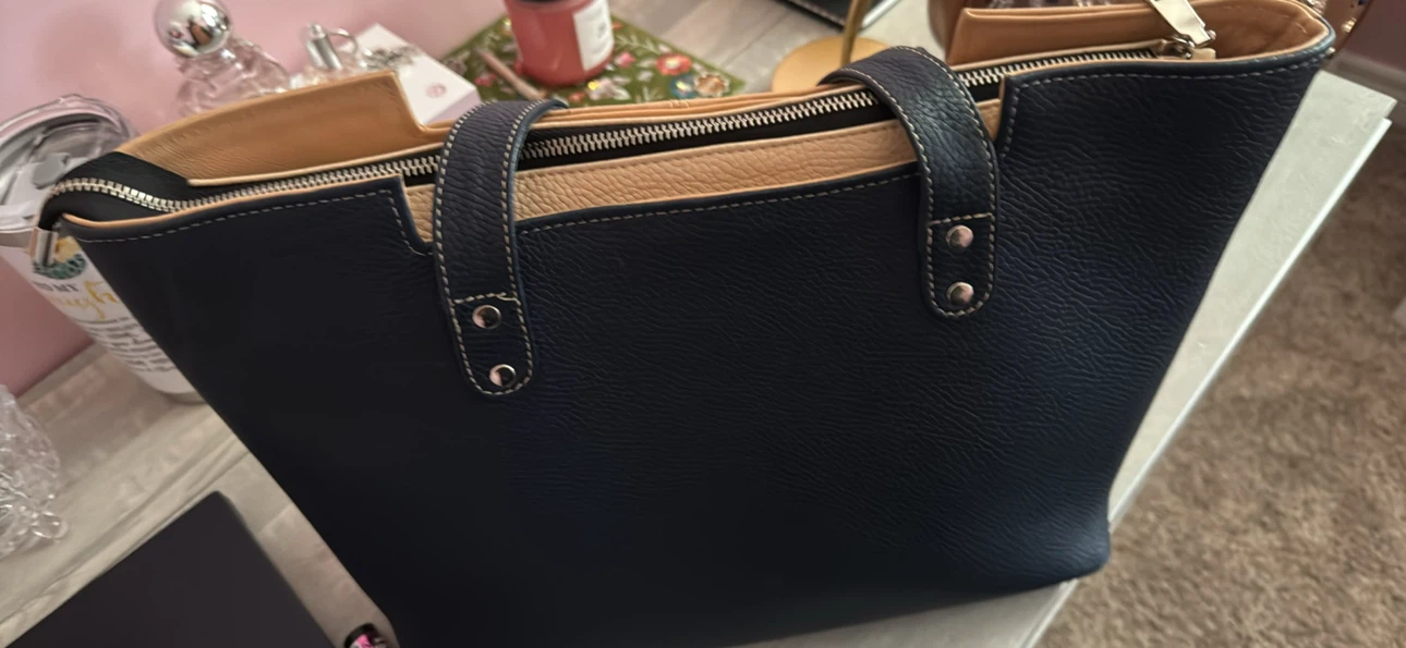 Leather Tote Bag - Tan and Navy