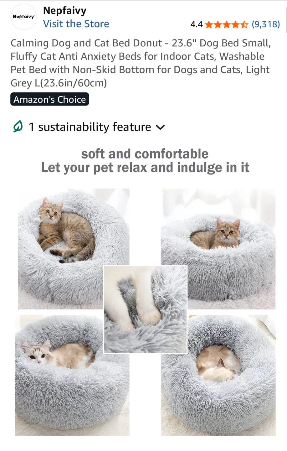 Nepfaivy Calming Dog and Cat Bed - Light Gray - photo 3