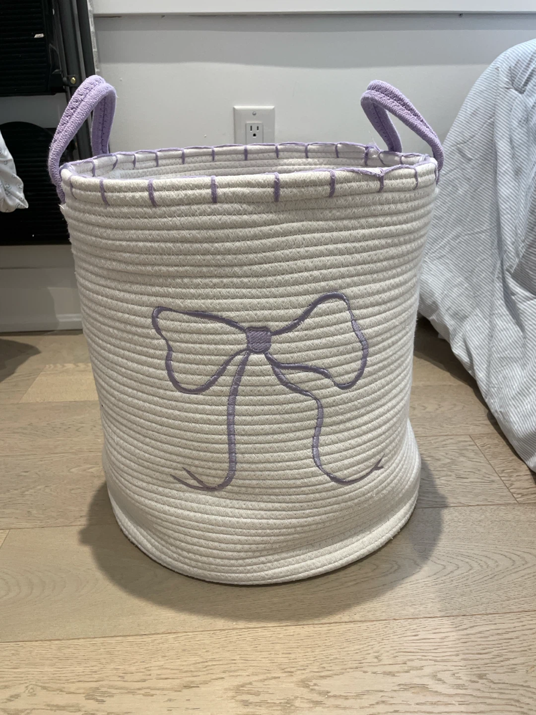 White Rope Storage Basket with Purple Bow
