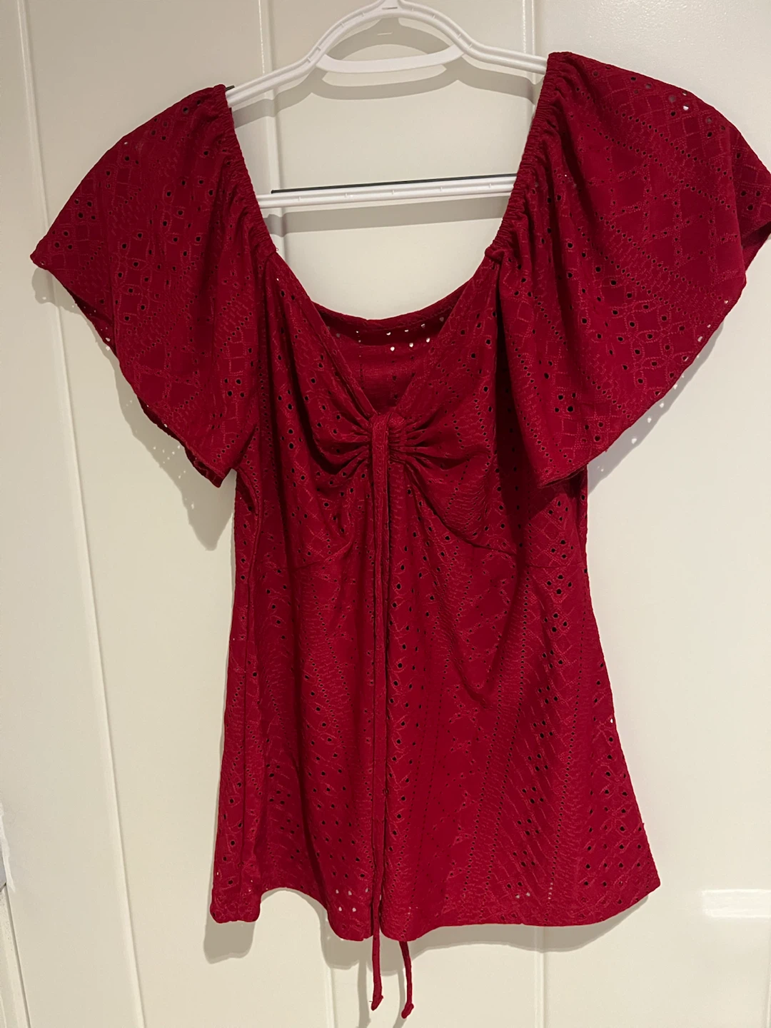 Red eyelet lace peplum babydoll blouse with bow