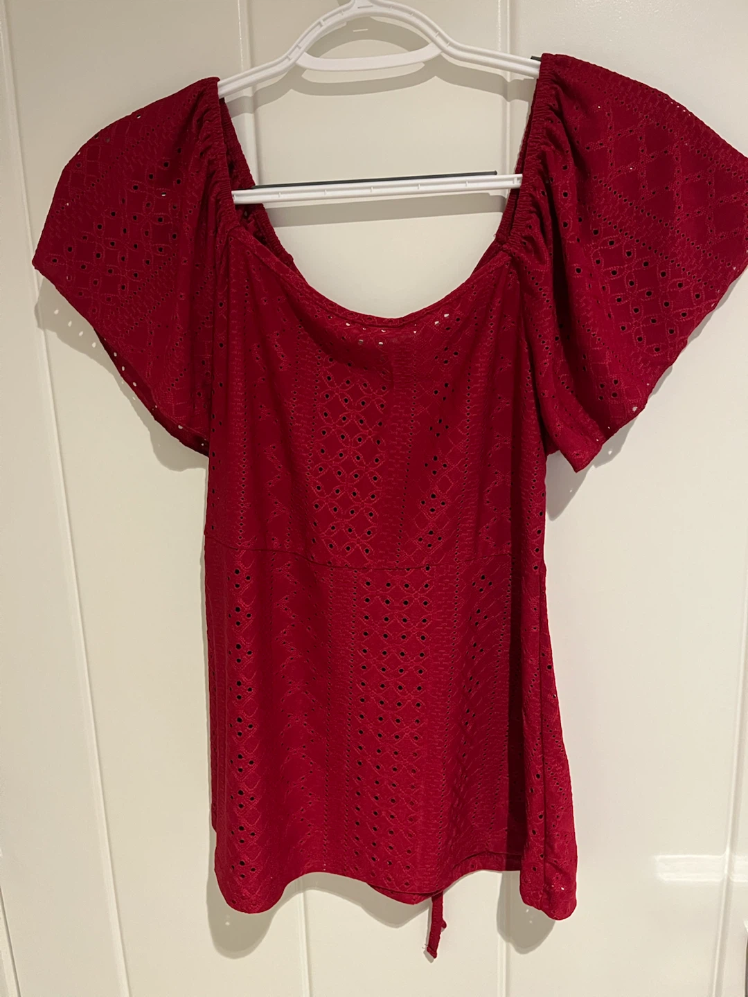 Red eyelet lace peplum babydoll blouse with bow - photo 2