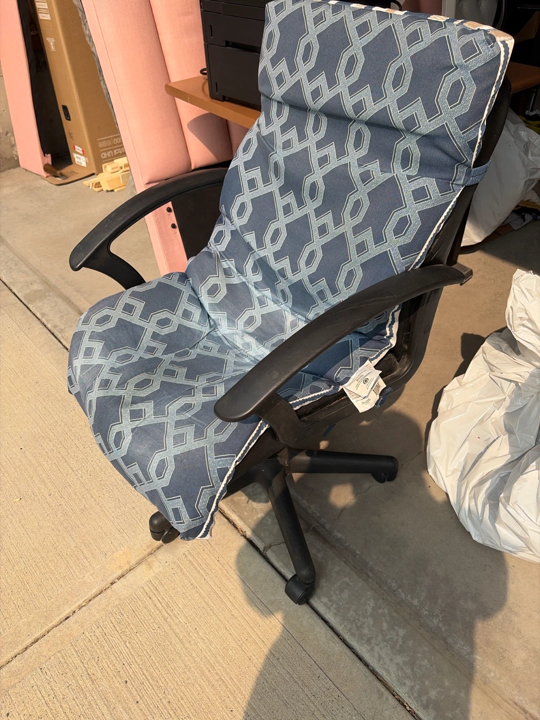 Office Chair with Blue Geometric Pattern Cushion