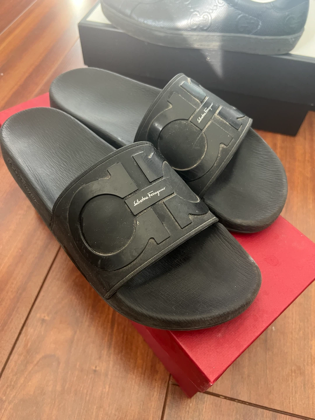 Salvatore Ferragamo Black Gancini Slides