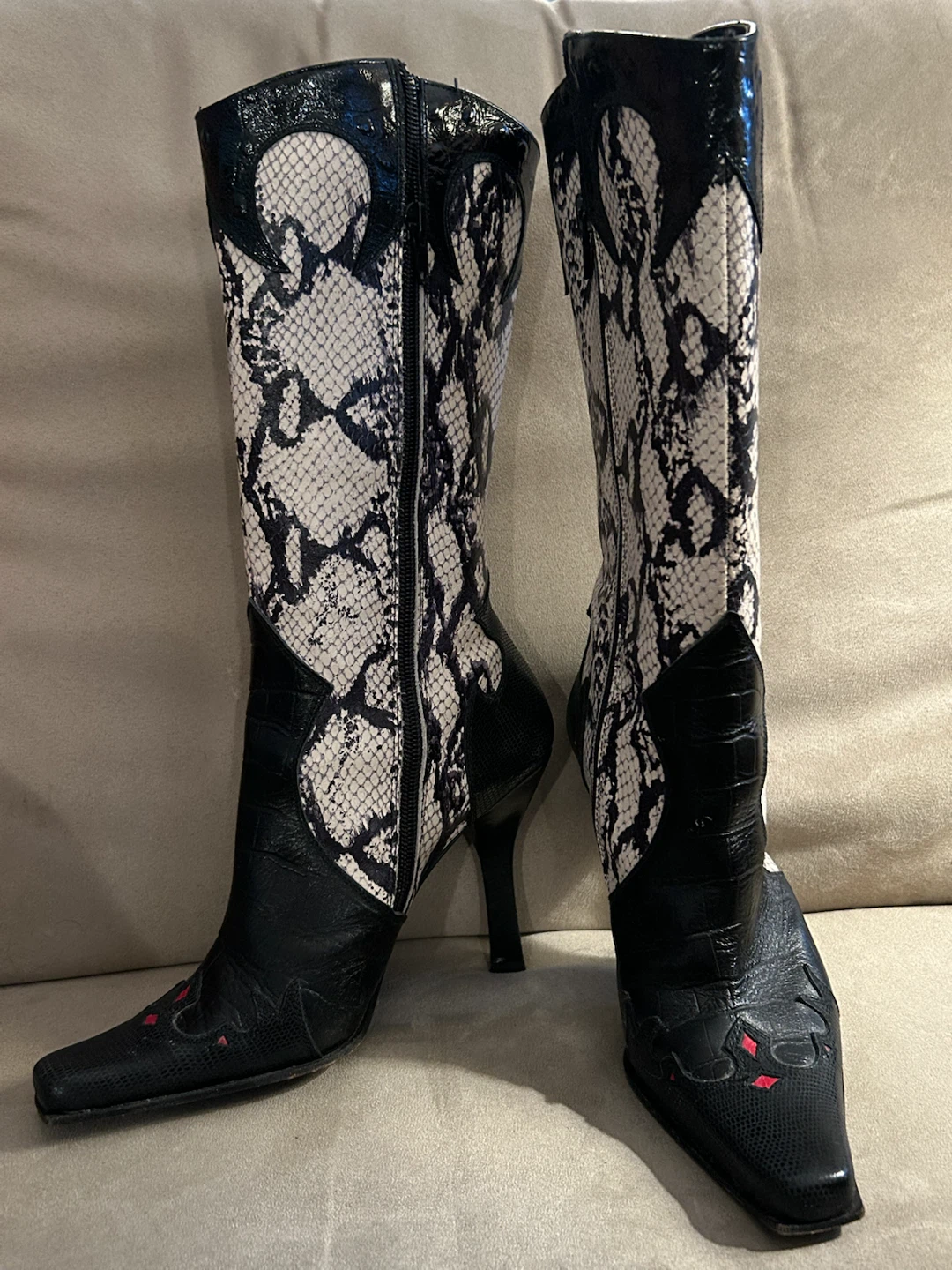 Bebe Black & White Faux Snakeskin Elegant Cowboy Boots