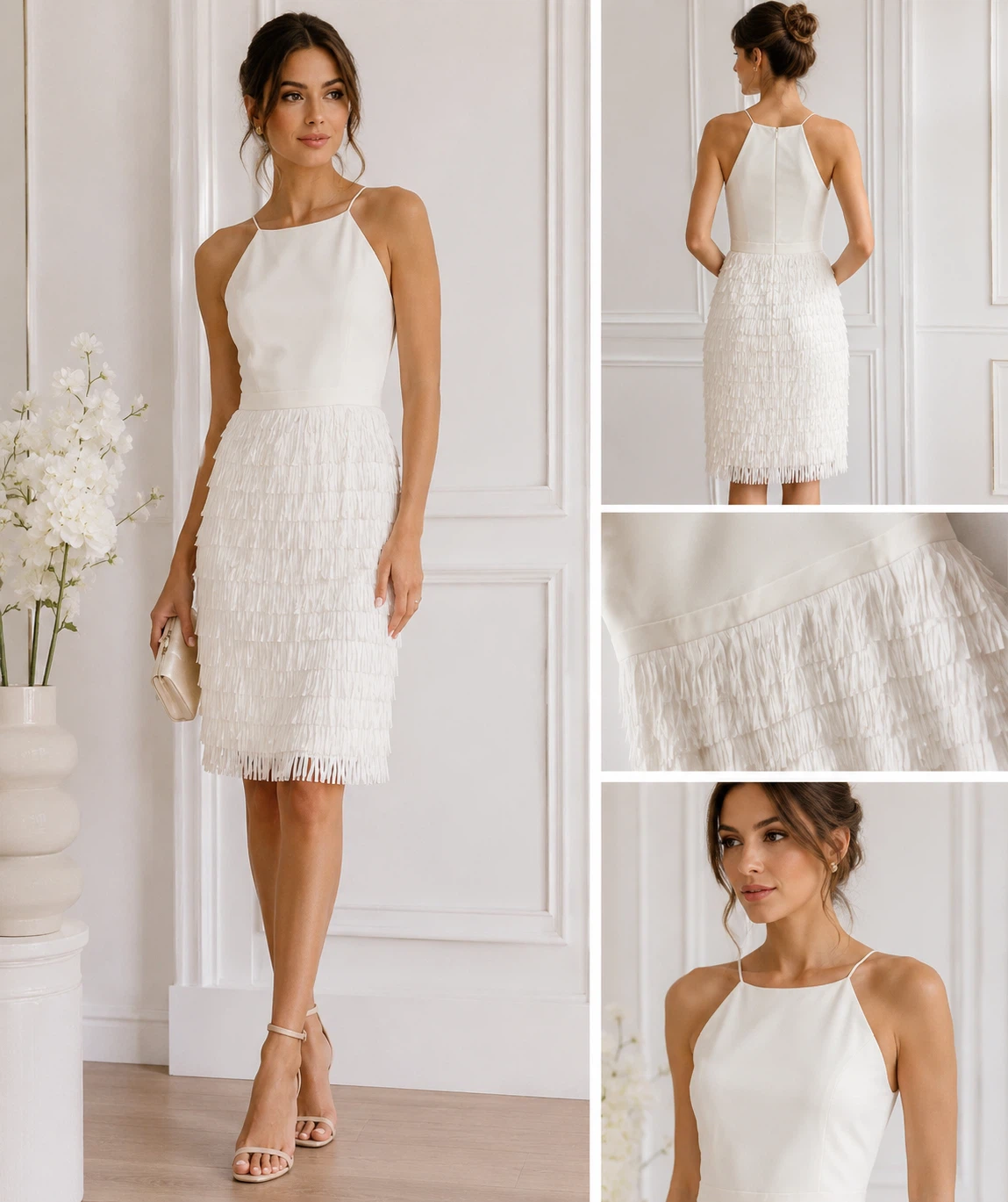 Aidan Mattox Crepe Halter Fringe Dress Ivory - Size 14