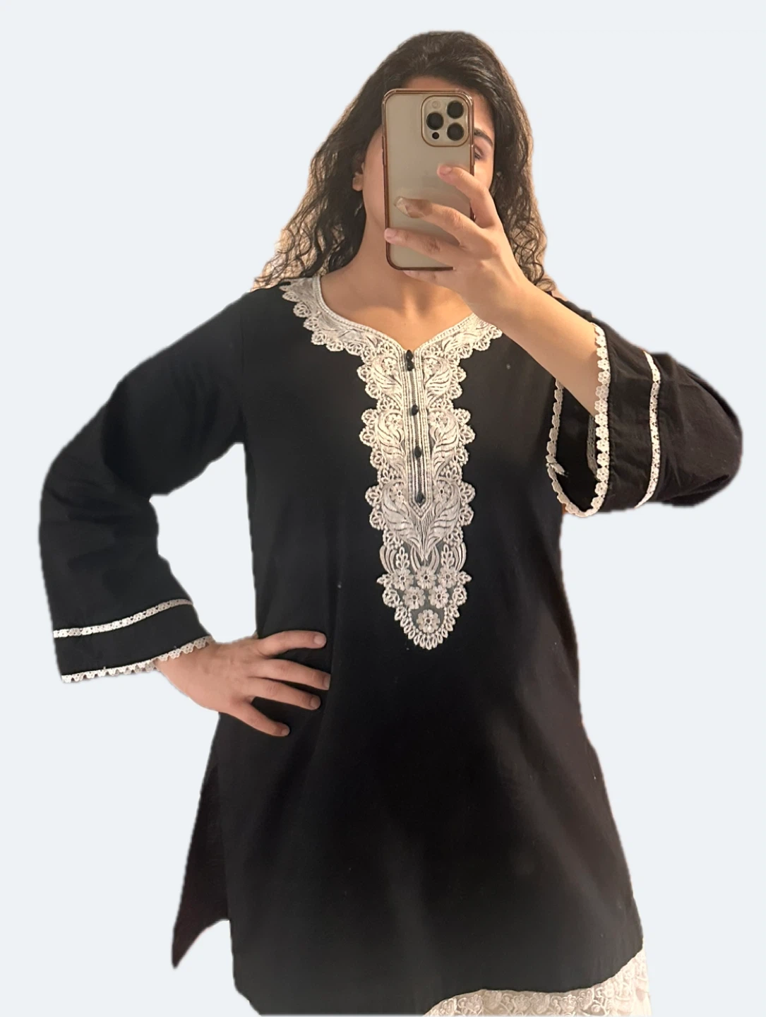 Black Kurti with White Lace Trim and farshi shalwar
