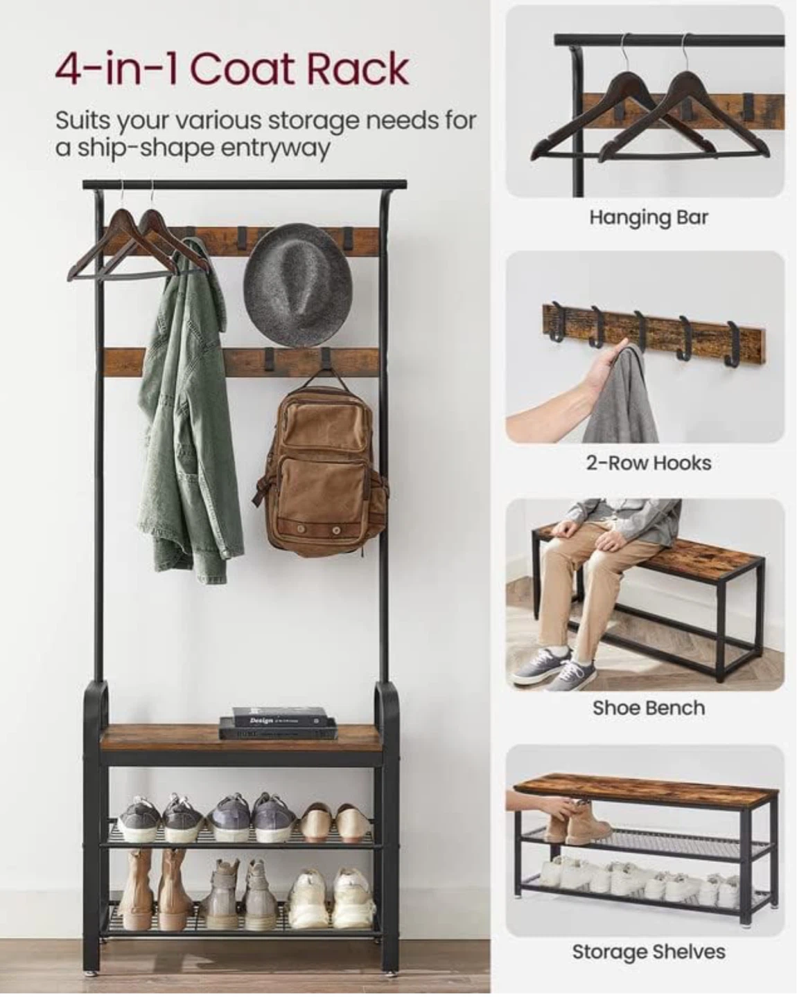 4-in-1 Coat Rack with Shoe Bench and Storage