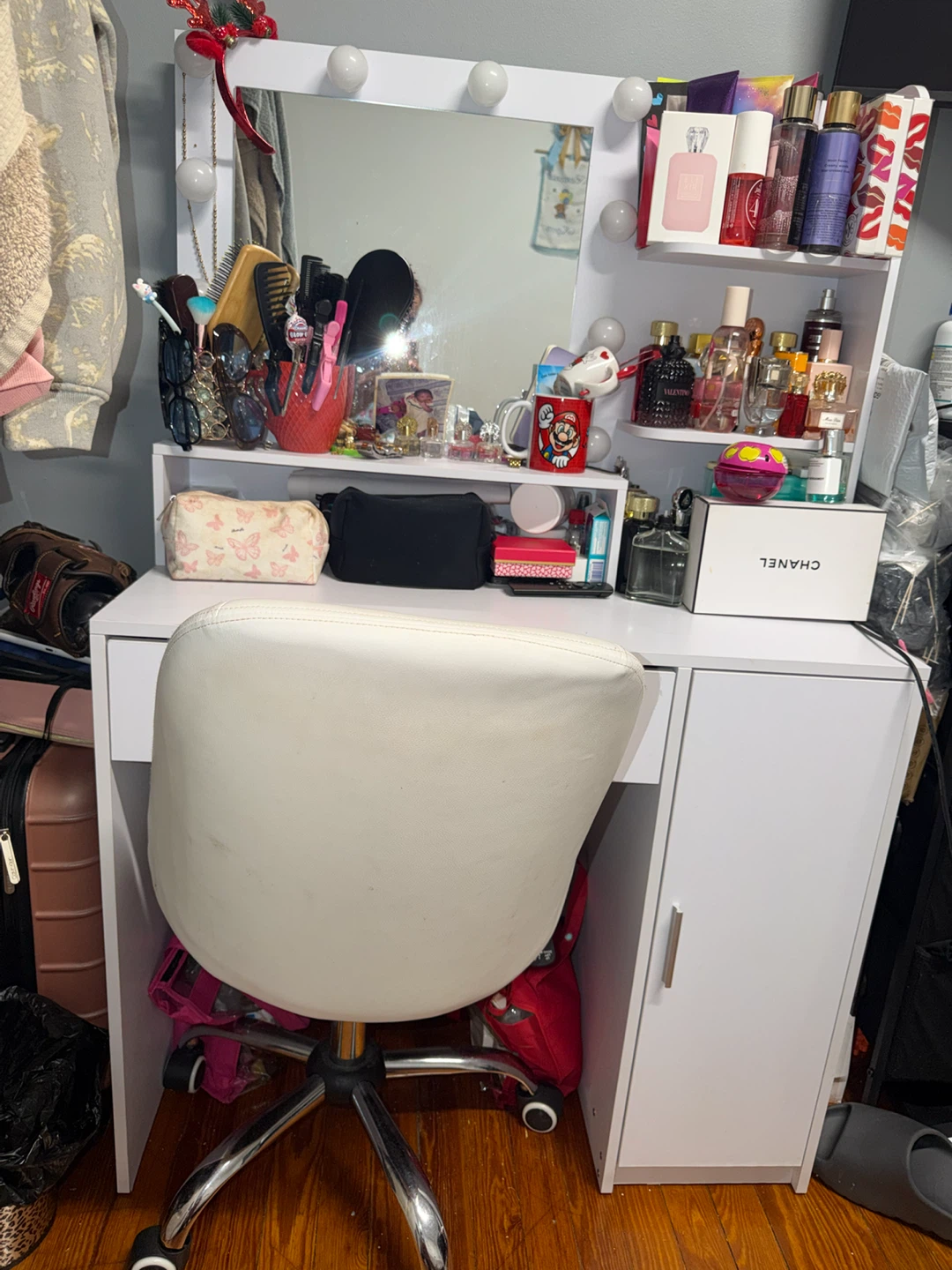 White Vanity Desk with Lighted Mirror and Chair