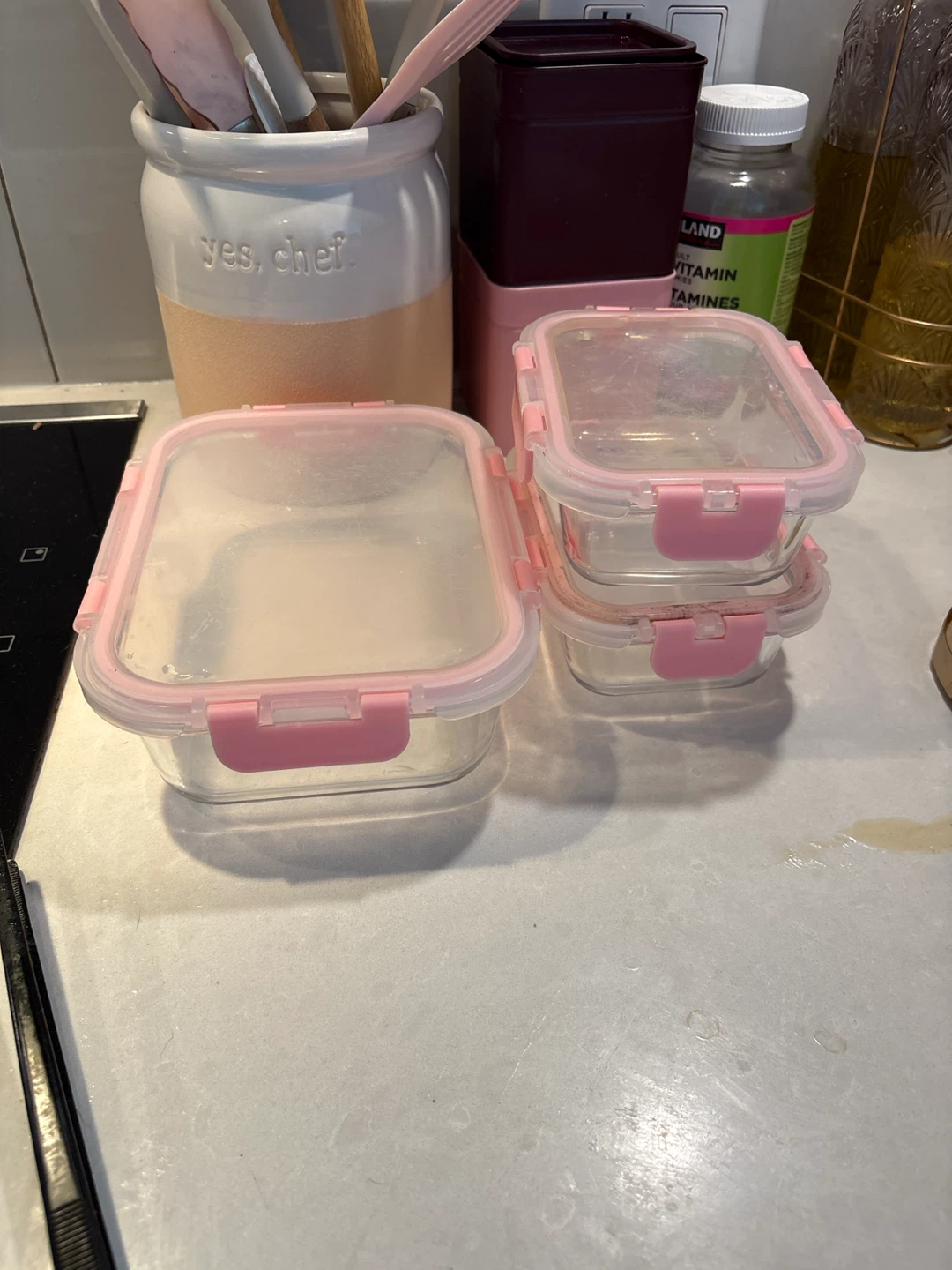 Glass Food Storage Containers with Pink Lids