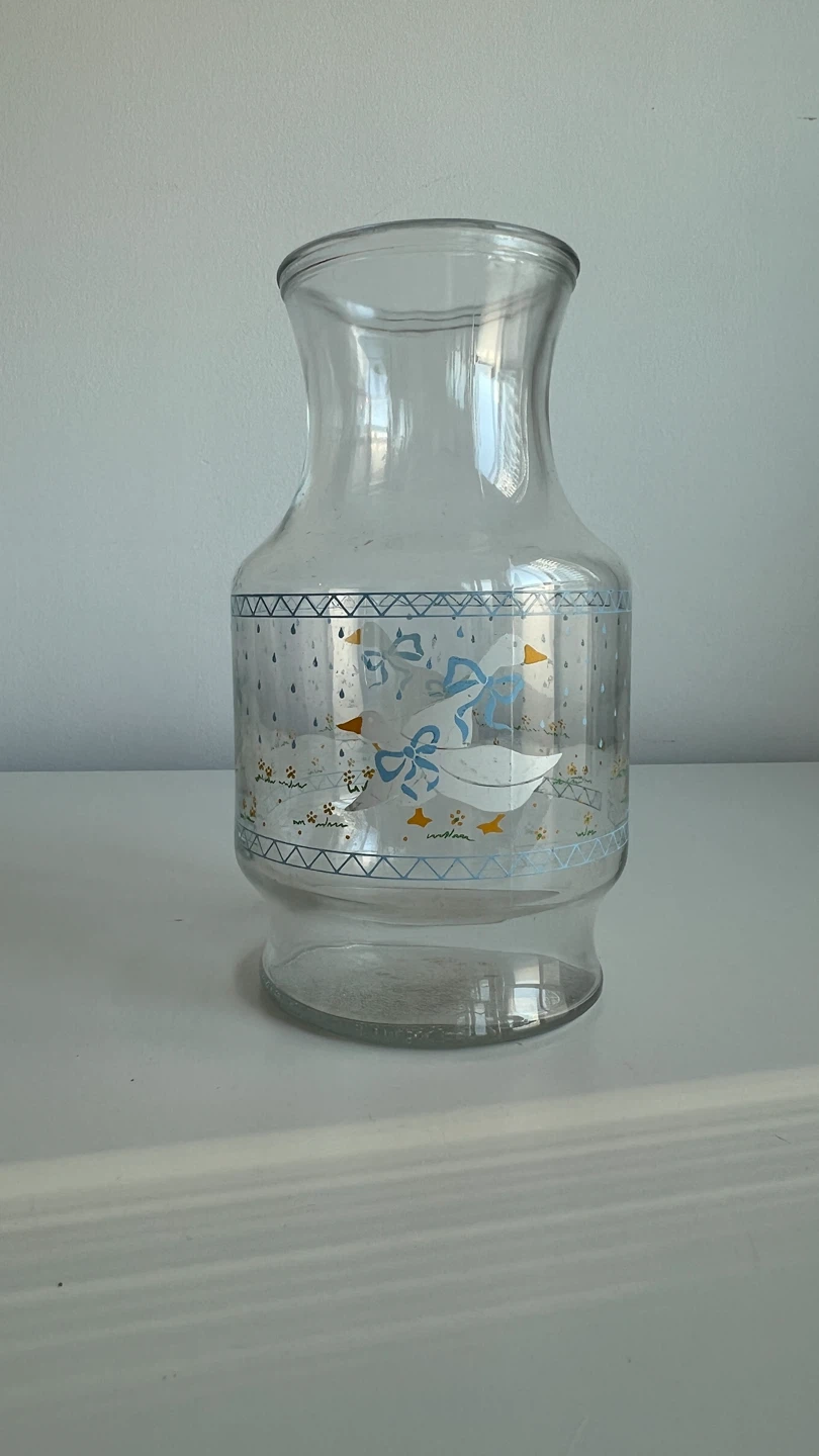Vintage Glass Pitcher with Ducks and Bows Design