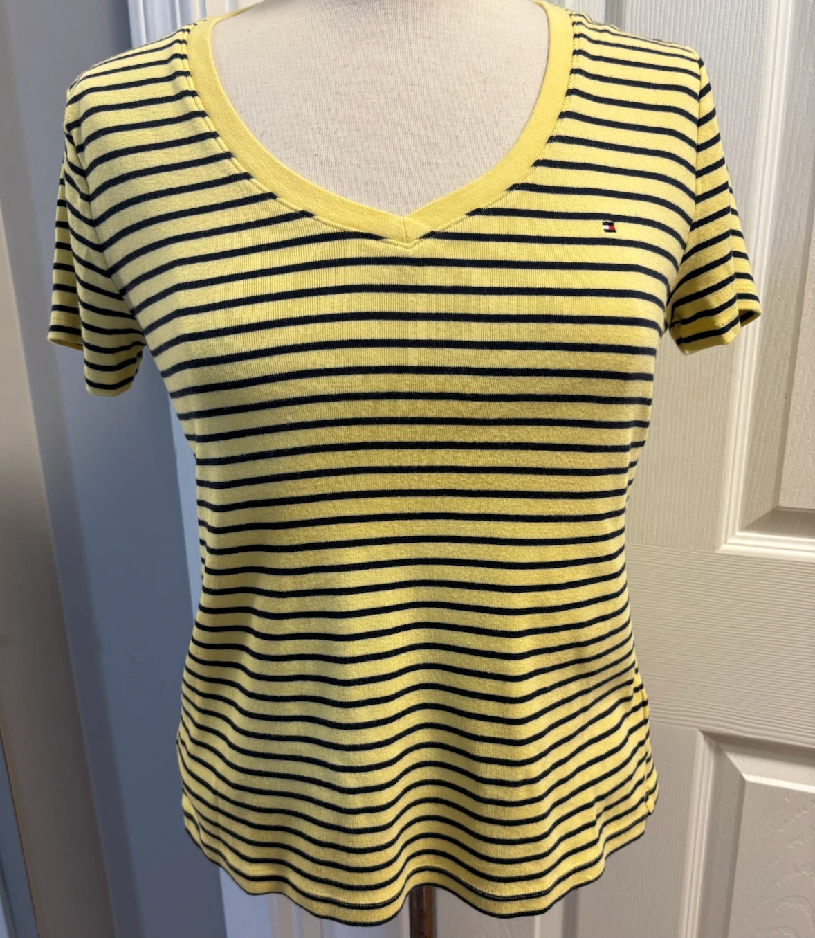 Tommy Hilfiger Striped V-Neck T-Shirt - Yellow/Navy - Size M