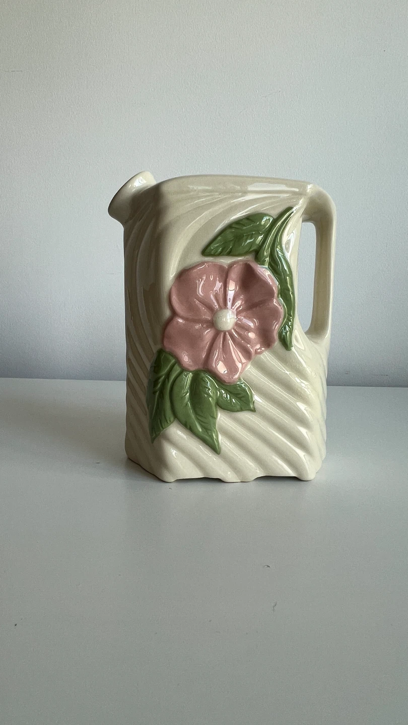 Cream Ceramic Pitcher with Pink Flower
