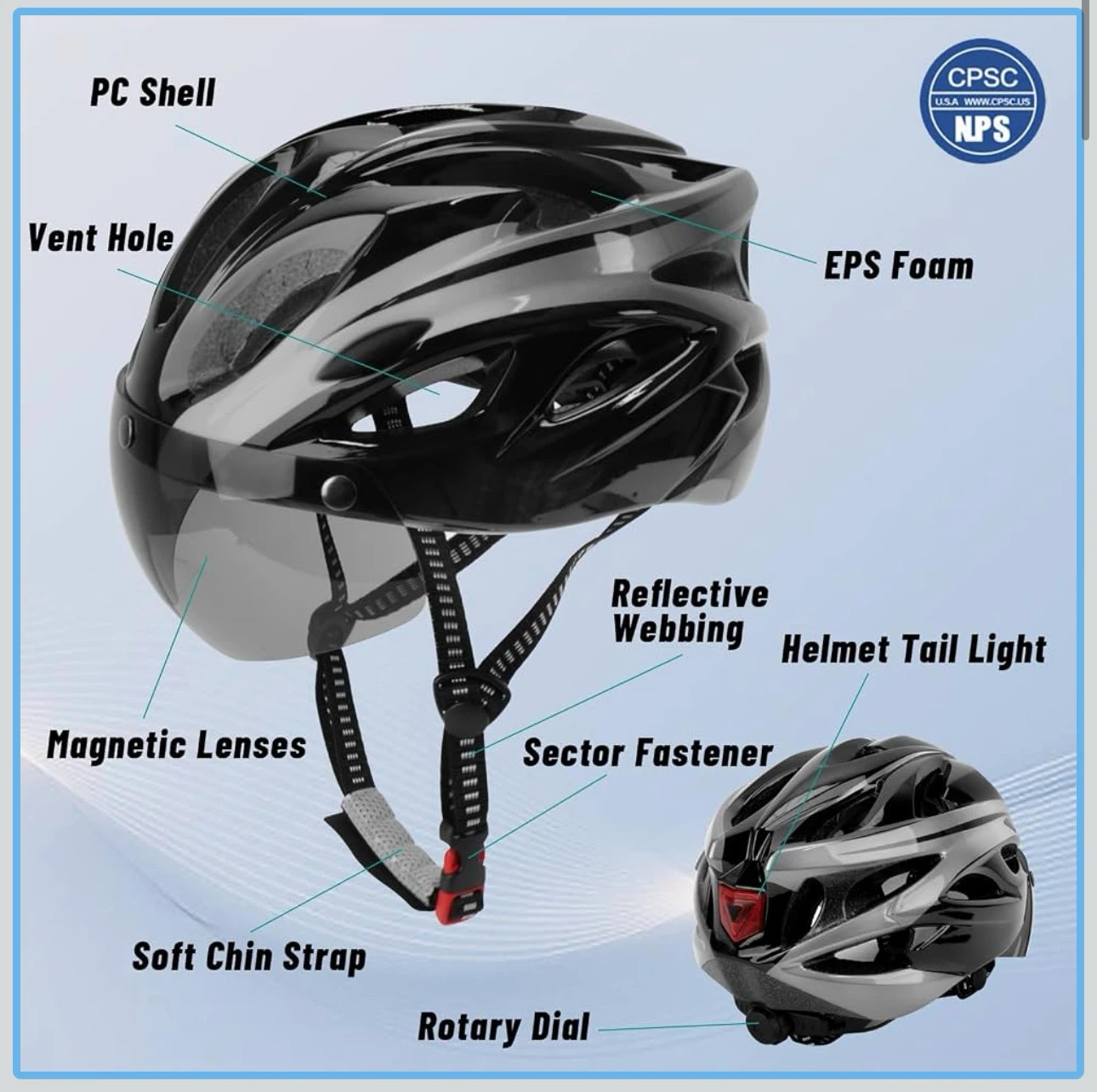 Adult Mountain Bike Helmet with Magnetic Goggles and Tail Light - photo 2