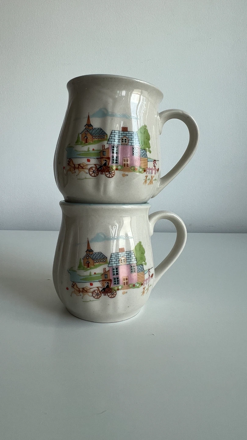 Set of 2 Ceramic Mugs - Country Village Scene