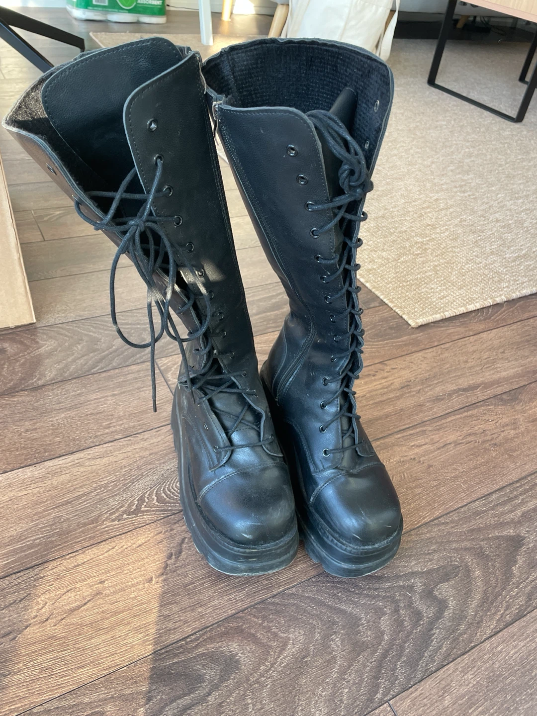 Black Platform Lace-Up Knee-High Boots