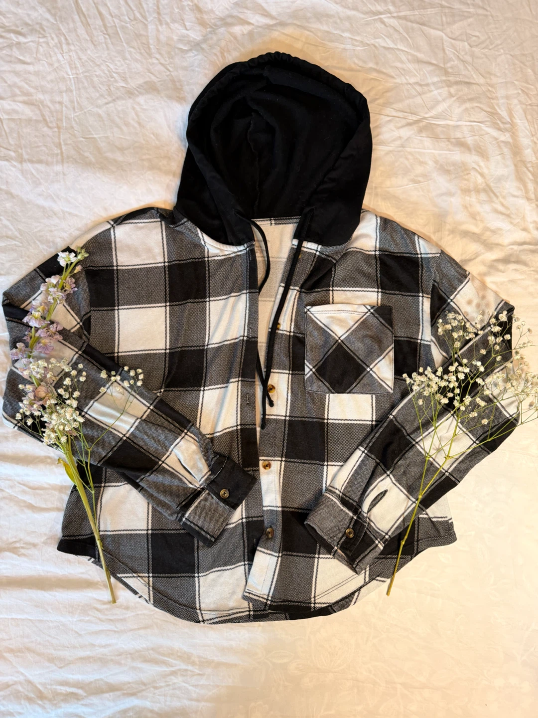 Black and White Plaid Flannel Button-Up Hoodie