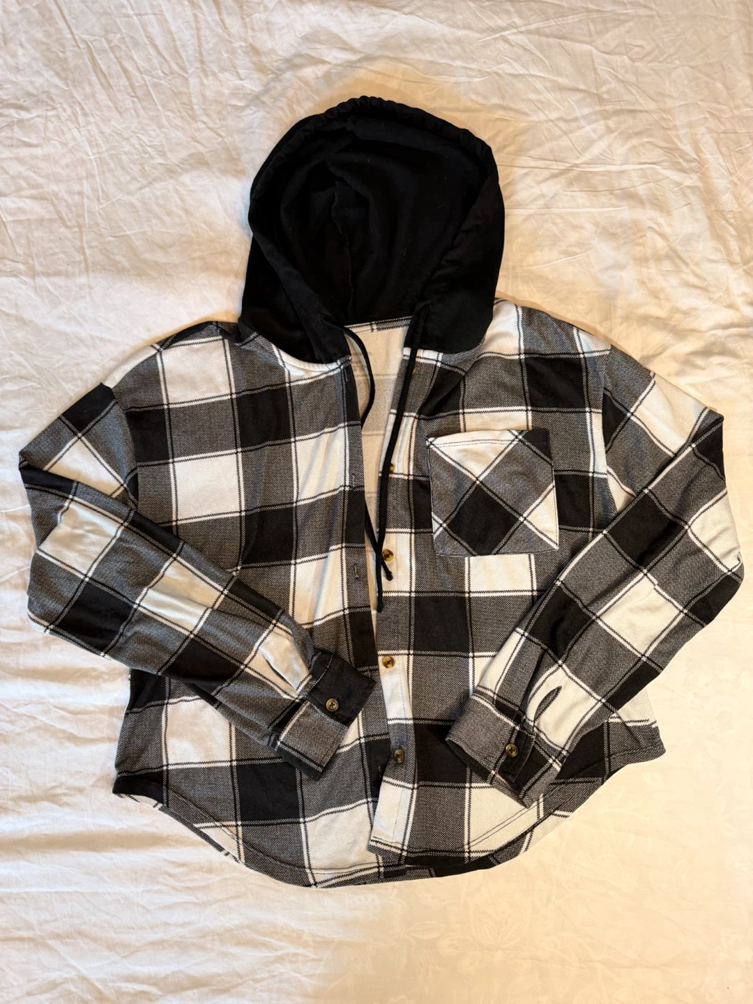 Black and White Plaid Flannel Button-Up Hoodie - photo 2