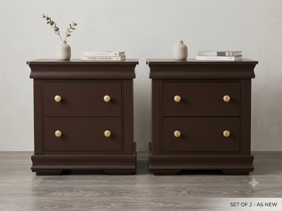 Set of 2 Dark Brown Nightstands with Gold Knobs