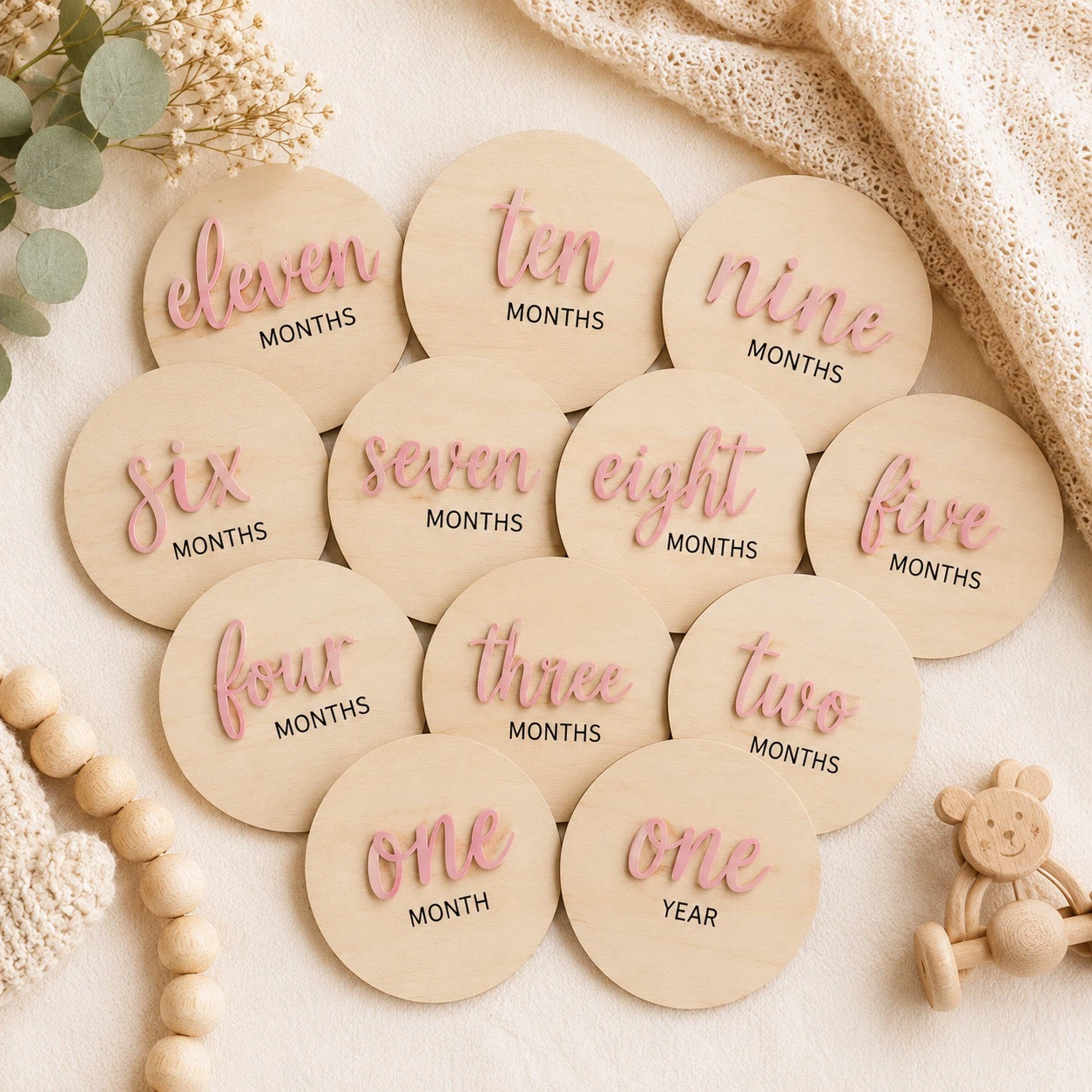 Baby Milestone Wooden Month Plaques Set