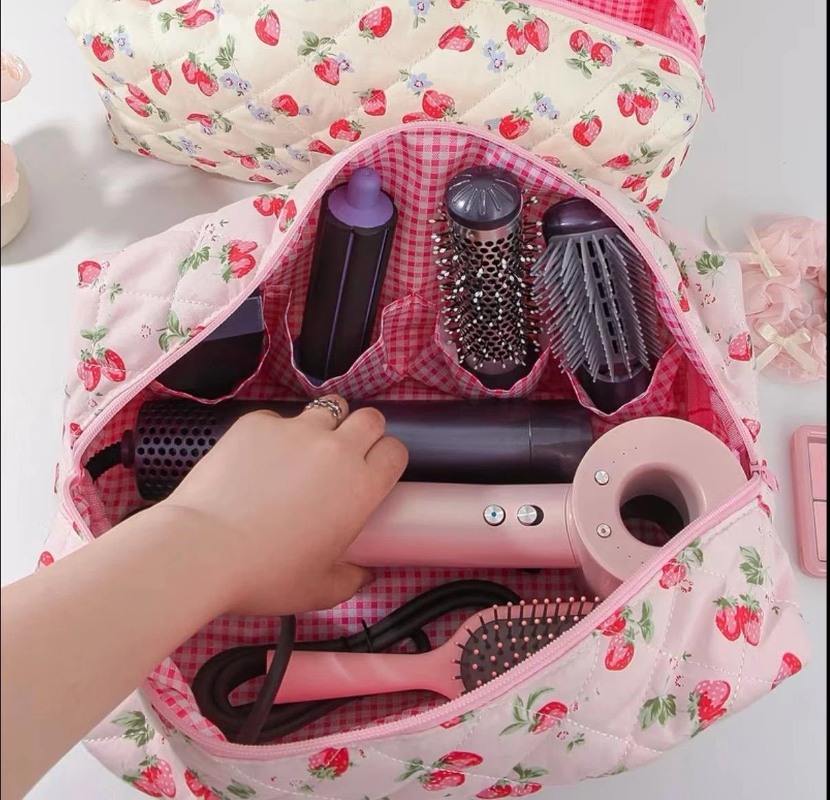 Strawberry Quilted Makeup Bag