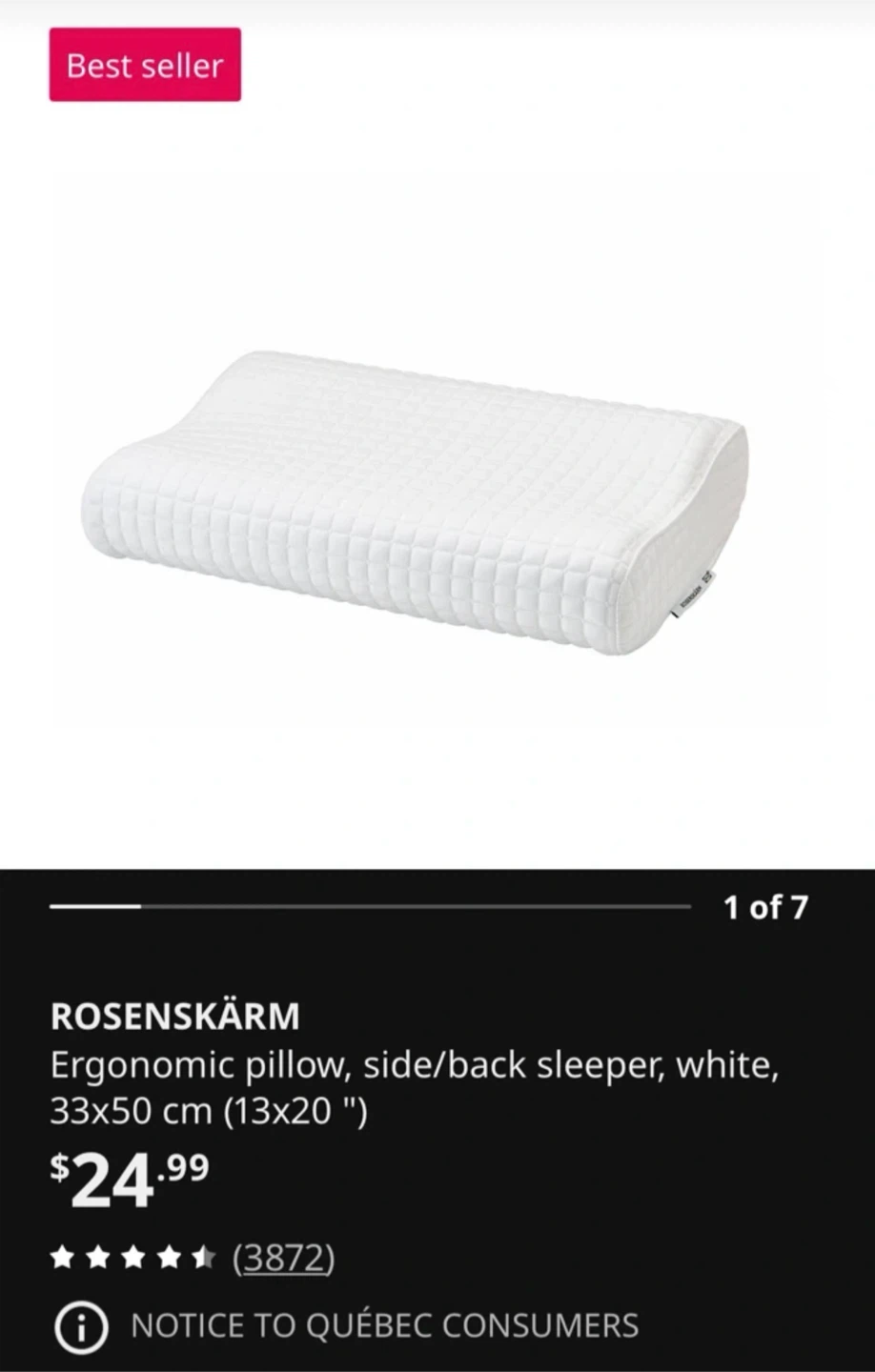 IKEA ROSENSKÄRM Ergonomic Pillow White 33x50 cm