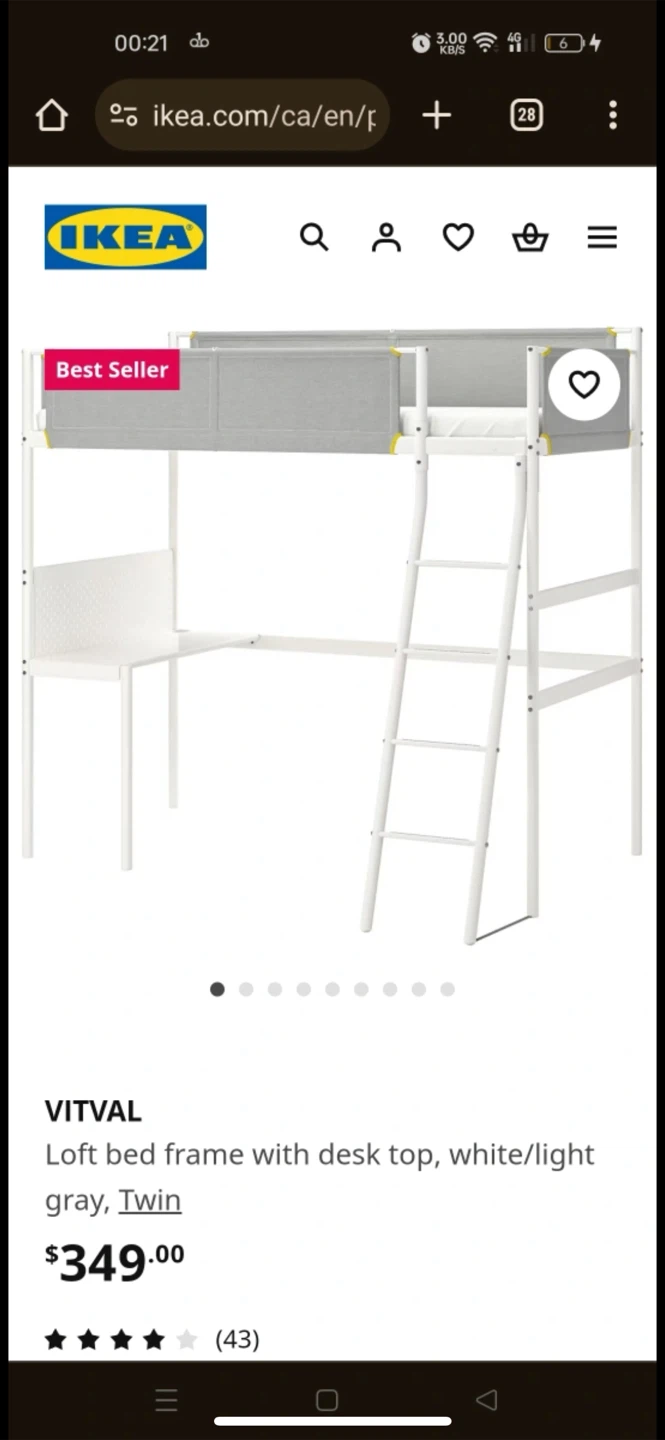 IKEA VITVAL Loft Bed Frame with Desk - White/Light Gray, Twin - photo 2