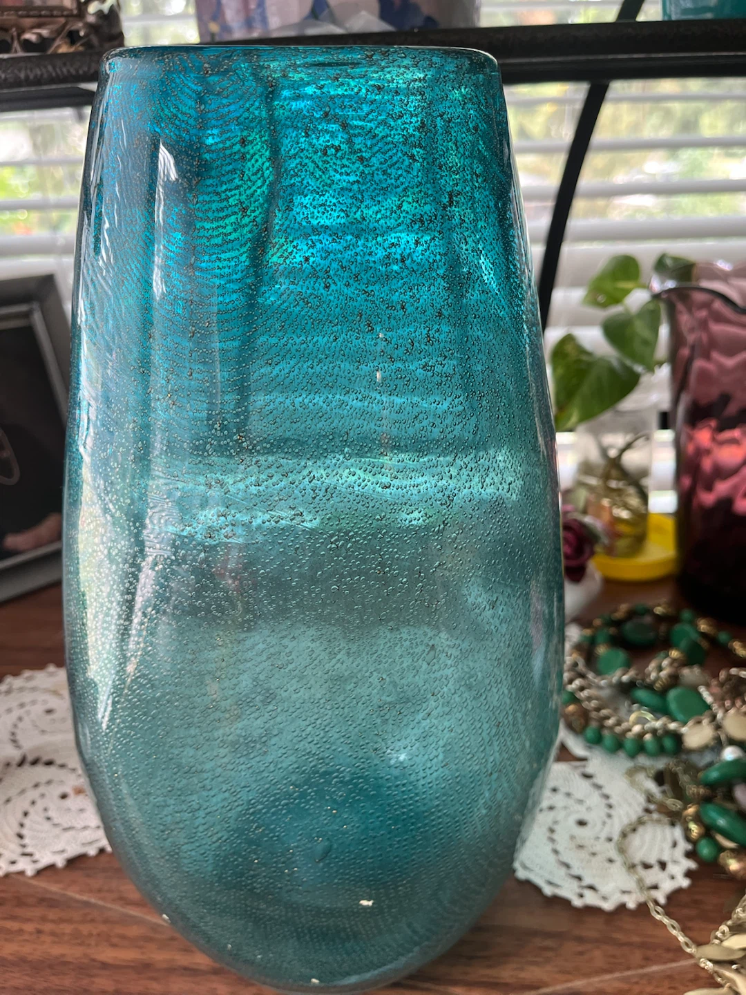 Turquoise or Aqua Blue Bubbled Glass Vase