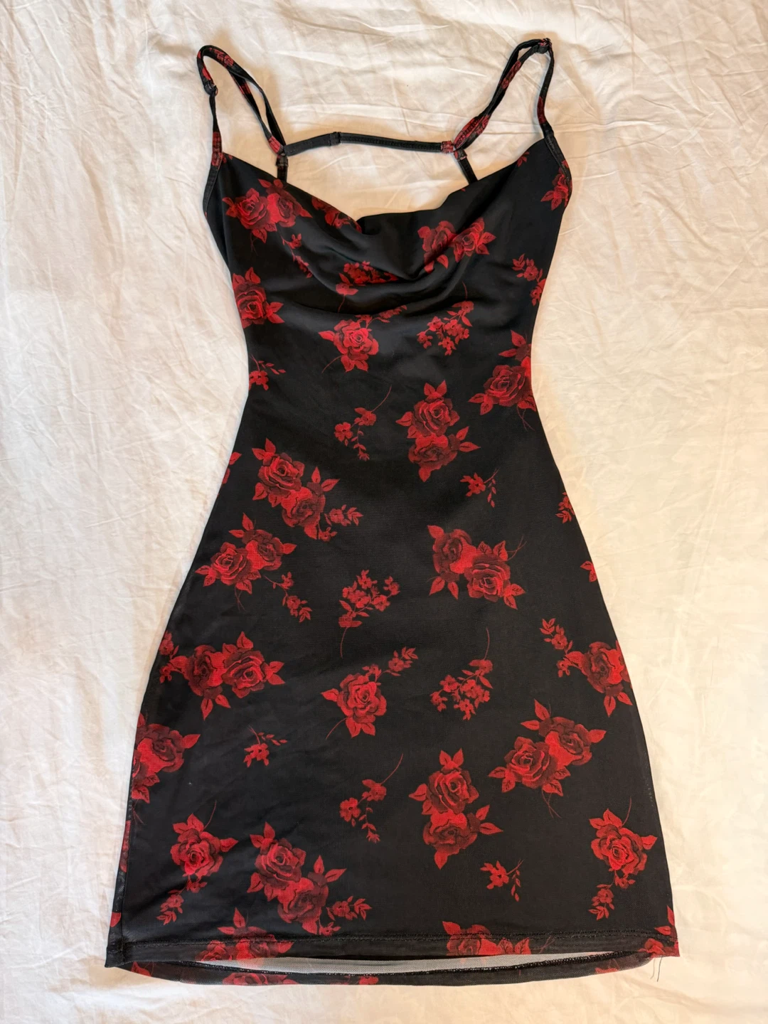 Garage Red Floral Mesh Cowl-Neck Backless Mini Dress - photo 2