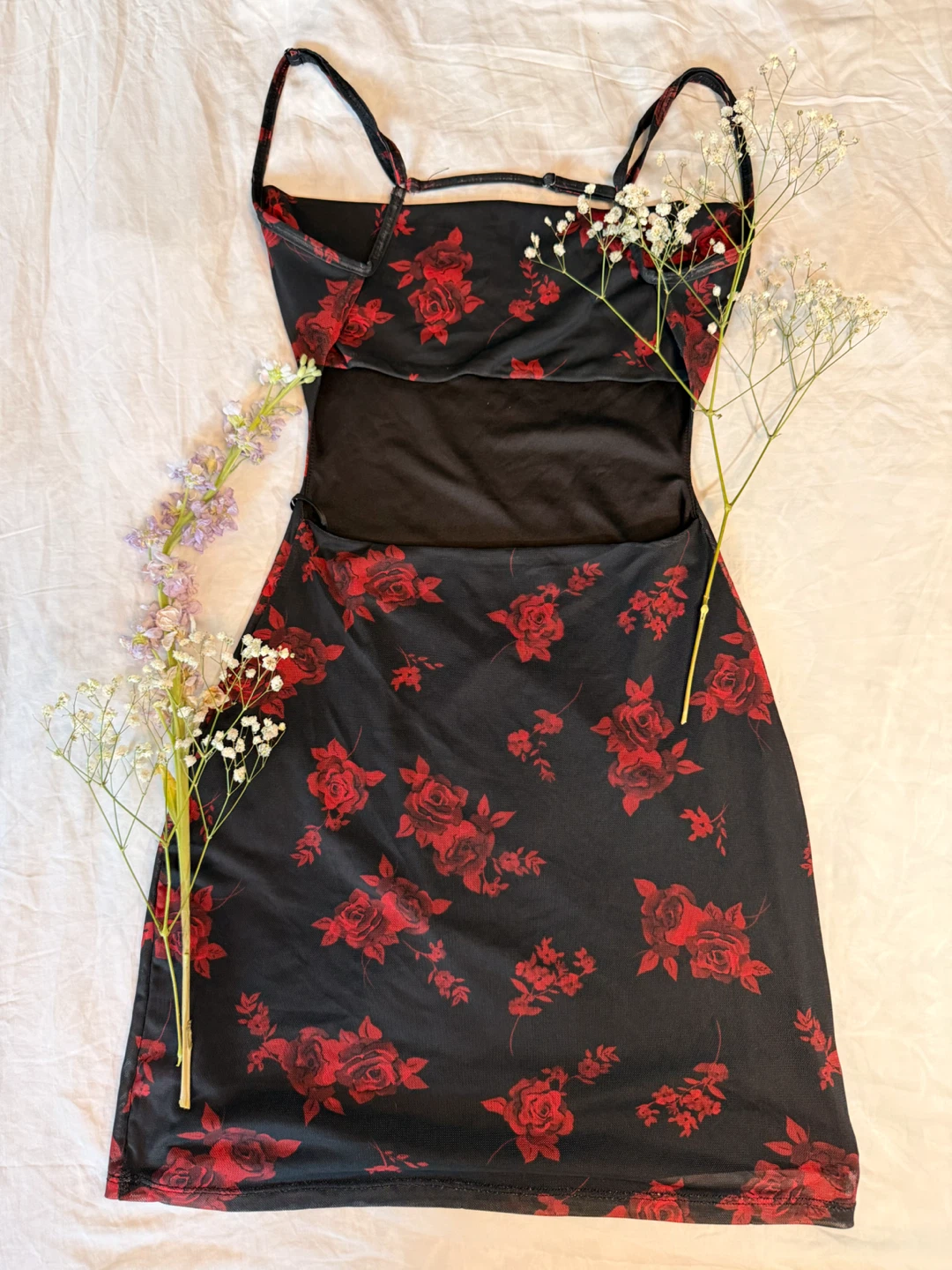 Garage Red Floral Mesh Cowl-Neck Backless Mini Dress - photo 3